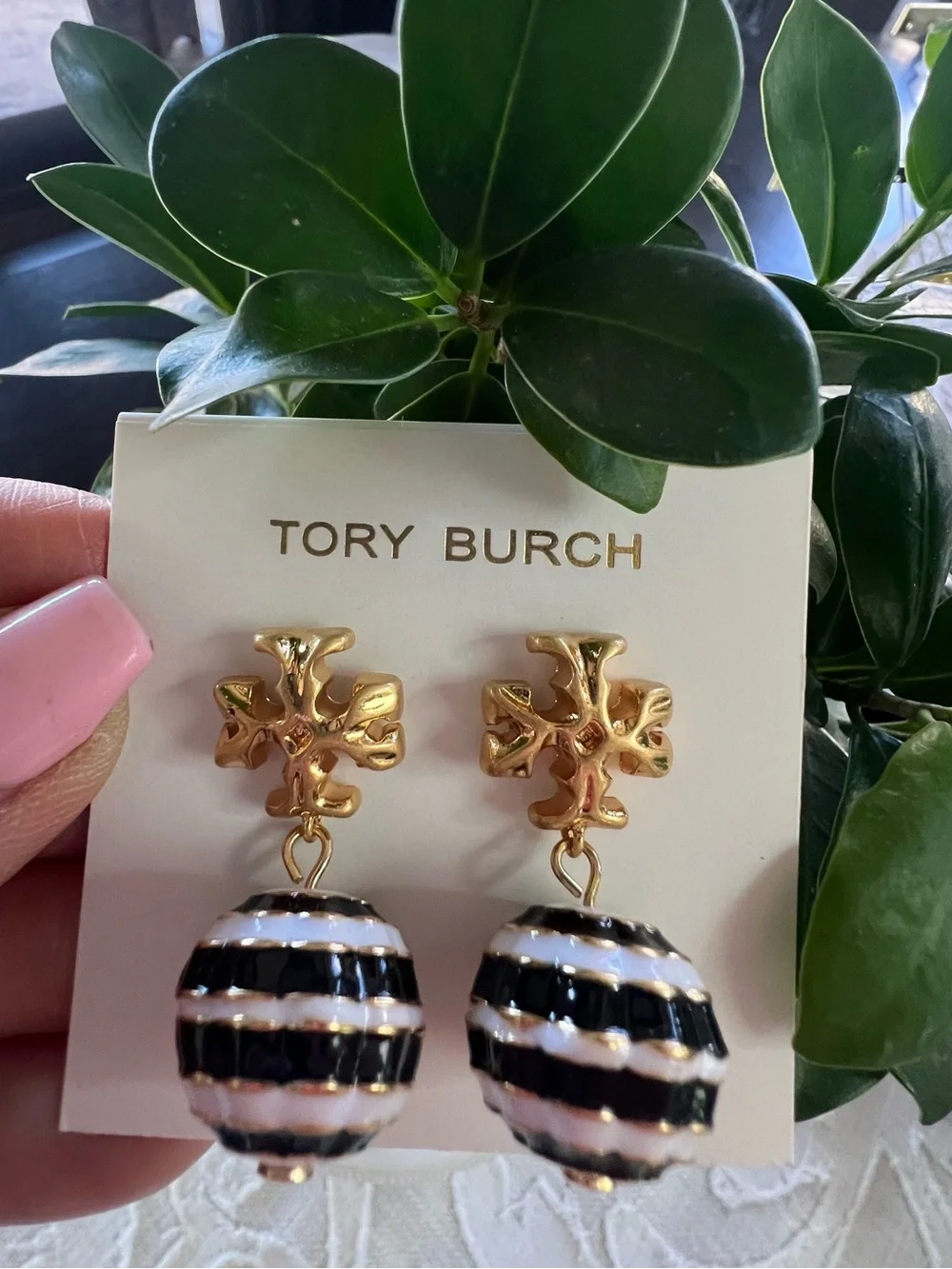Tory Burch Gold Tone Earrings with Black and White Striped Spheres